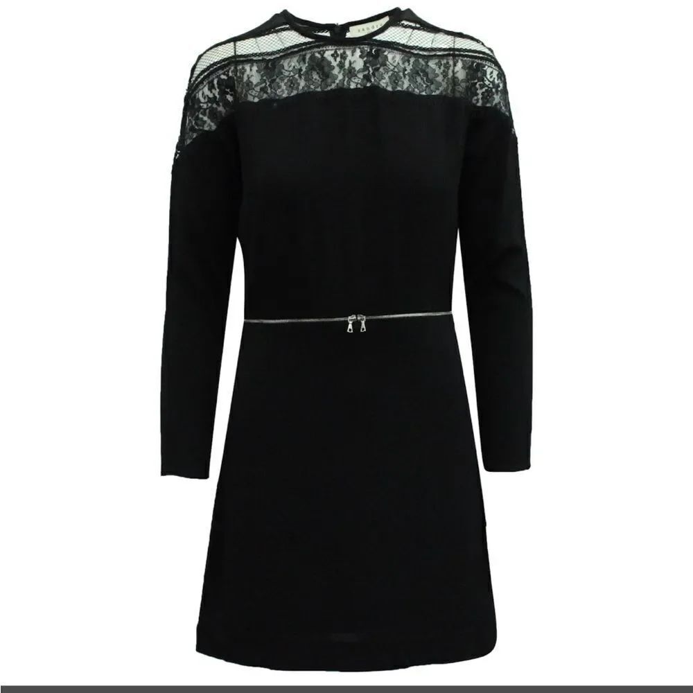 Sandro Paris Lace Long Sleeve Viscose Mini Dress Black Zipper Waist Sz Small